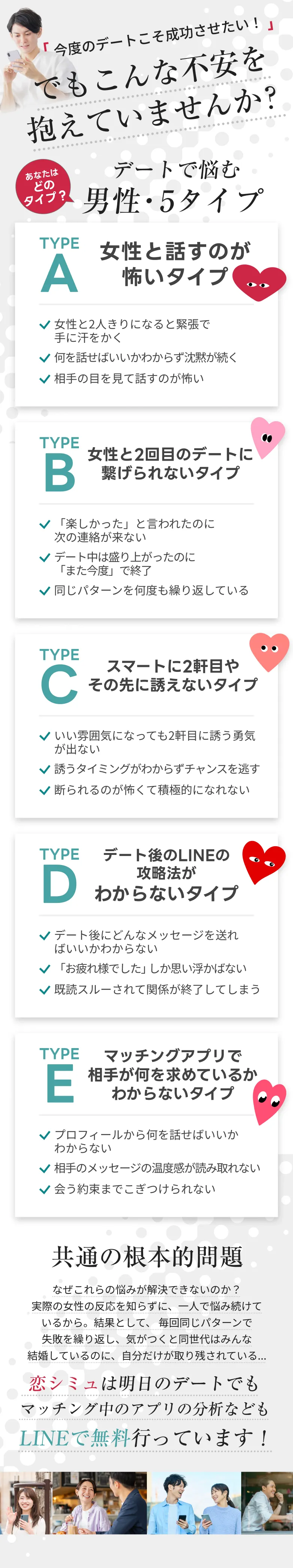 デートで悩む男性・5タイプ A女性と話すのが怖い・B女性と2回目のデートに繋げられない・Cスマートに2軒目やその先に誘えない・Dデート後のLINEの攻略法がわからない・Eマッチングアプリで相手が何を求めているかわからない